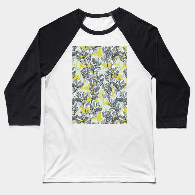 Leaf and Berry Sketch Pattern in Mustard and Ash Baseball T-Shirt by micklyn